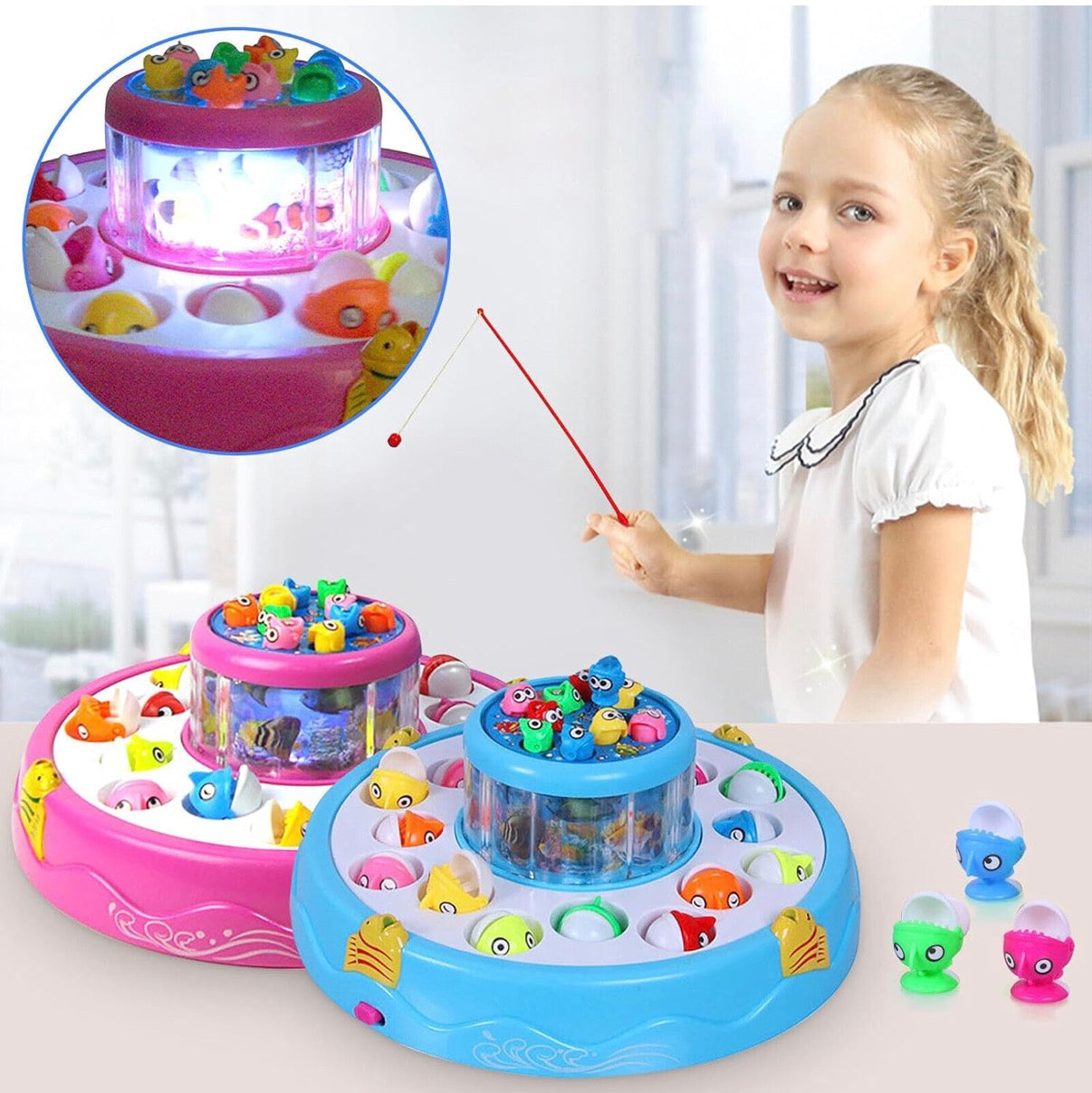 VGRASSP Fishing Game Toy Set for Kids – Rotating Pond with 26 Fish, 4 Fishing Poles, Lights & Music