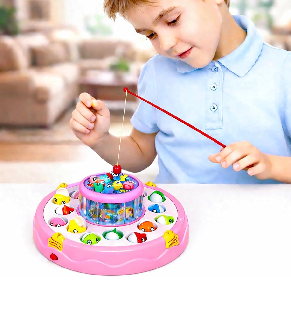 VGRASSP Fishing Game Toy Set for Kids – Rotating Pond with 26 Fish, 4 Fishing Poles, Lights & Music