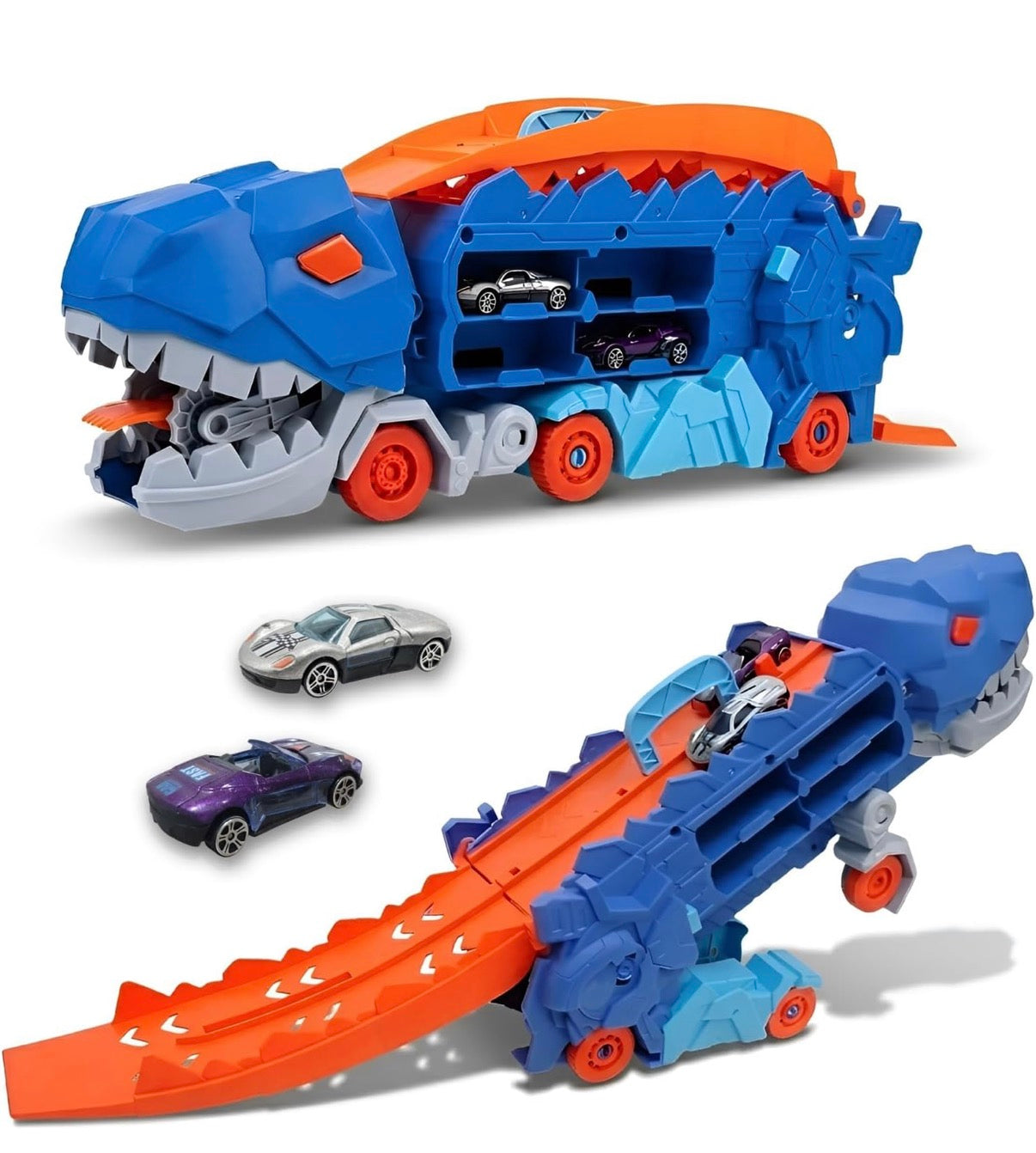 WireScorts Dinosaur Planet Dino Transporter Truck Toy with Track & 2 Die-Cast Cars – Push & Go Playset