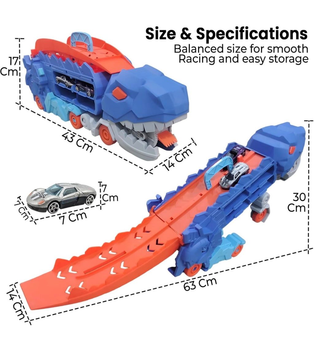 WireScorts Dinosaur Planet Dino Transporter Truck Toy with Track & 2 Die-Cast Cars – Push & Go Playset