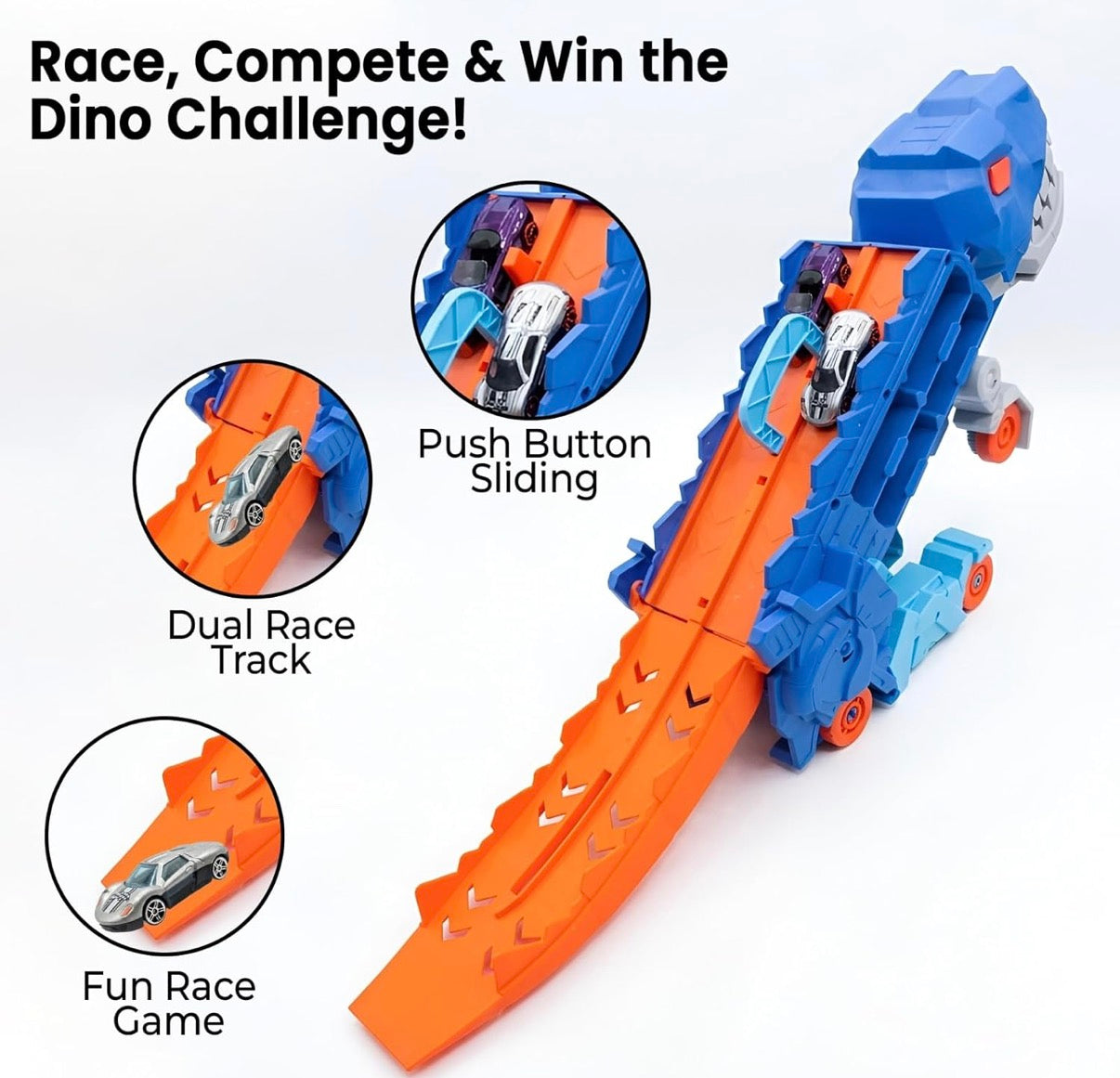 WireScorts Dinosaur Planet Dino Transporter Truck Toy with Track & 2 Die-Cast Cars – Push & Go Playset