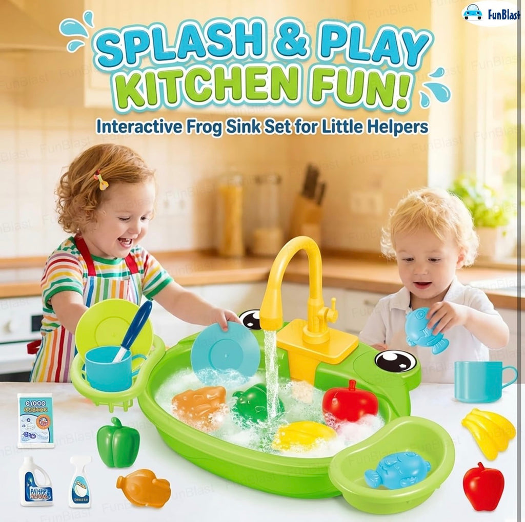 FunBlast Kids Frog Theme Kitchen Sink Play Set with Running Water – Pretend Play Cooking & Dish Washing Toy