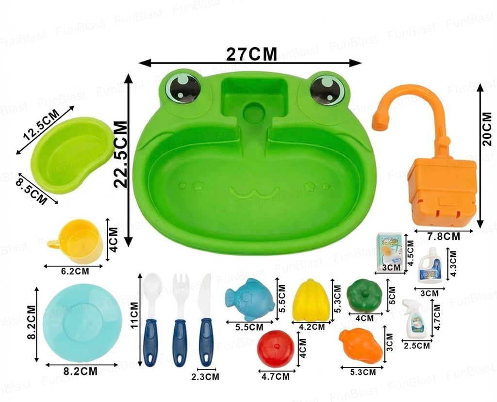 FunBlast Kids Frog Theme Kitchen Sink Play Set with Running Water – Pretend Play Cooking & Dish Washing Toy