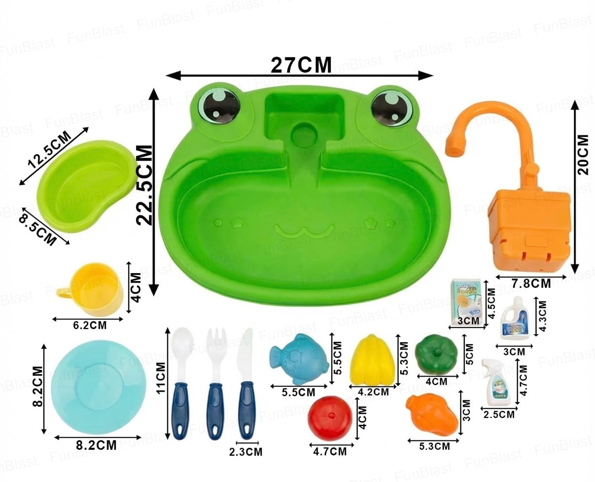 FunBlast Kids Frog Theme Kitchen Sink Play Set with Running Water – Pretend Play Cooking & Dish Washing Toy